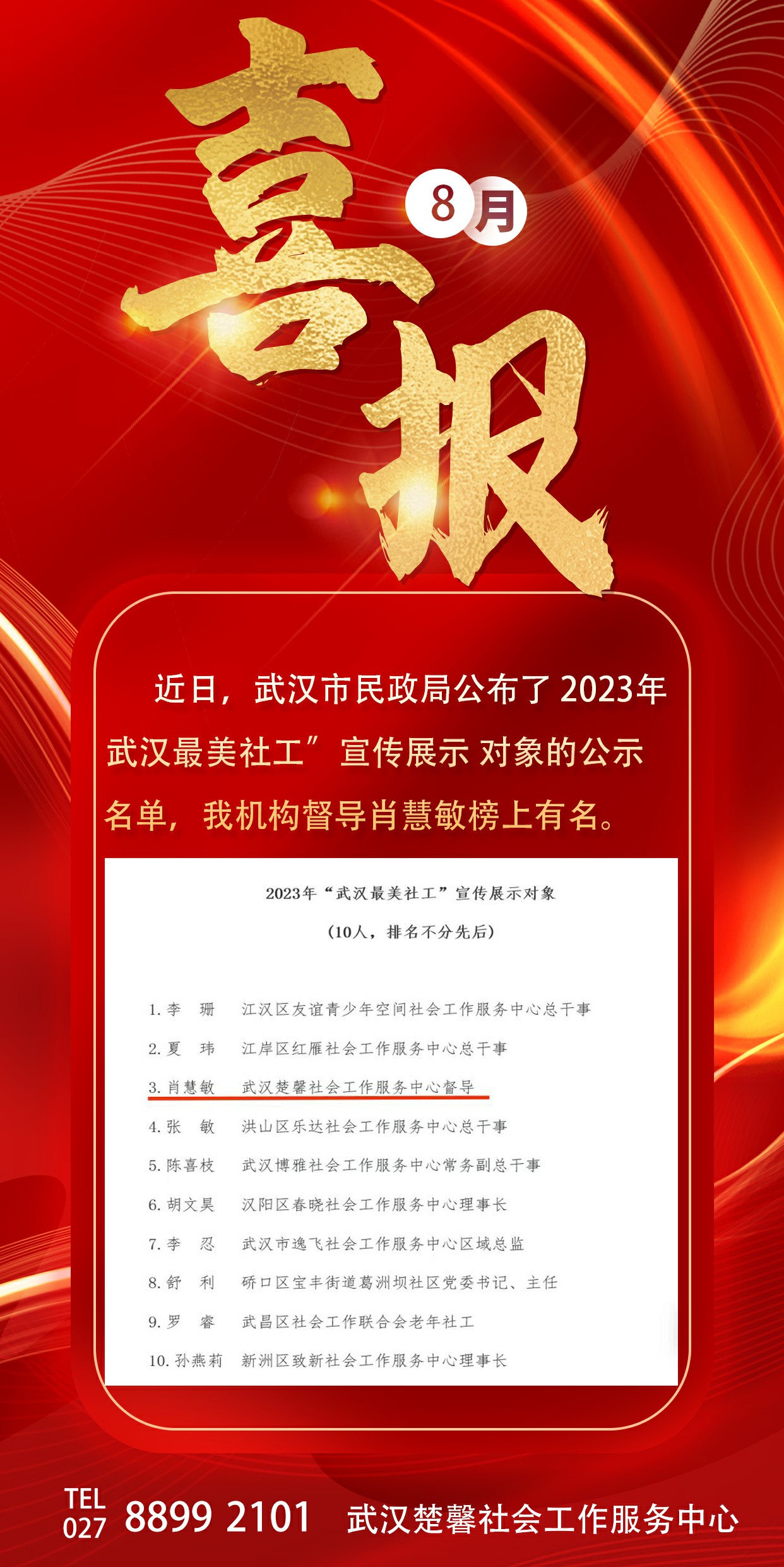 喜报！我机构督导肖慧敏入选2023年“武汉最美社工”宣传展示对象的公示名单